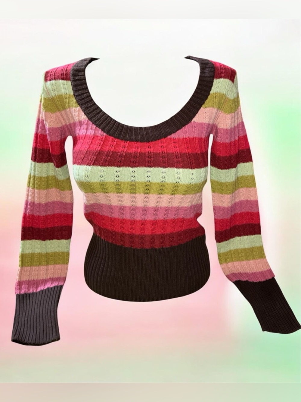 rave Striped Scoop Neck Sweater in Pink, Red and Green with Brown Trim